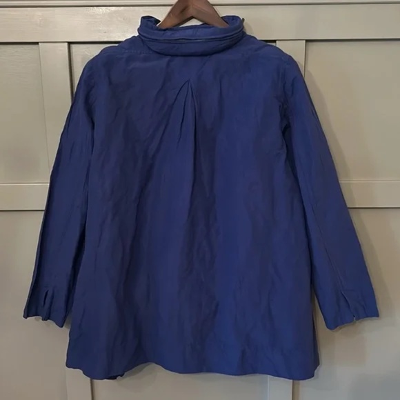 Eileen Fisher Metallic Blue A-Line Jacket Coat Stow Hood Full Zip Size Large - Picture 8 of 10